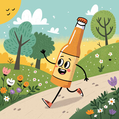 Cheerful Cartoon Beer Bottle Character Taking a Stroll Illustration