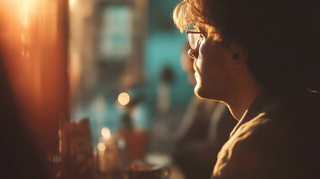 Close view of young man, introvert thinker reading. Calm relaxed face shows dreamer deep inside. Student stays focused, mind wanders like reader chasing thoughts. Young introvert feels calm, relaxed.