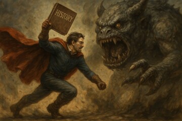 Fototapeta premium In the realm of history, where shadows loom large, a hero stands firm against an ancient beast, armed with the truth