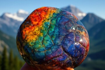 A vibrant mosaic of colors on a textured sphere stands out against the serene backdrop of mountains, symbolizing the beauty and diversity found in our natural world