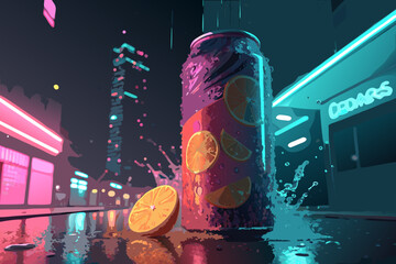 Neon glowing soda can with splashing liquid, floating citrus slices, and sparkling bubbles, futuristic cyberpunk style background"
