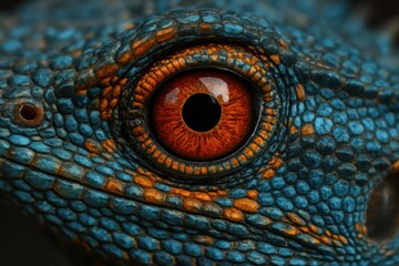 Fototapeta premium The vibrant eye of a blue-scaled reptile captures attention with its striking red irises and contrasting scales