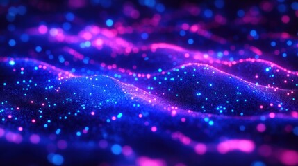 Abstract digital wave landscape with glowing blue and pink particles creating a futuristic and dynamic sense of depth and movement