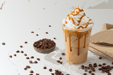 Modern flat style iced coffee cup with whipped cream topping, caramel drizzle, and coffee beans scattered around, minimalist pastel background"