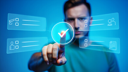 Man interacts with glowing digital interface selecting options finger touching