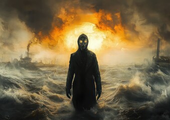 Obraz premium Dark figure wearing a gas mask standing in turbulent waters under a fiery orange sky with industrial ships emitting smoke in the background