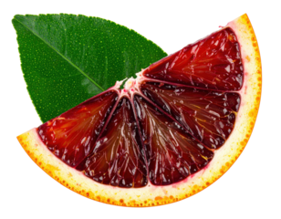 Juicy wedge of red blood orange with glossy pulp and a vibrant green leaf.