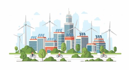 Green city of the future powered by renewable energy. A sustainable urban landscape with wind turbines, solar panels, and people cycling.