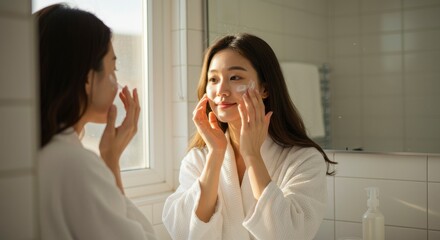 Woman applying face cream in a bathroom reflected in mirror