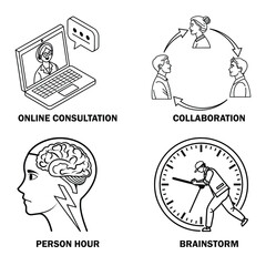 Business Communication and Collaboration Line Icons Set on White Background &ndash; Online Consultation, Brainstorm, Teamwork, Person Hour Concept Vector
