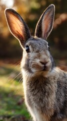 Fototapeta premium Adorable Wild Rabbit with Upright Ears in Warm Outdoor Setting perfect for wildlife photography, children's book illustrations, springtime nature campaigns and animal conservation visuals