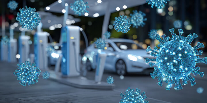 Electric vehicles charging at station with digital virus illustrations overlayed, symbolizing intersection of technology and health concerns