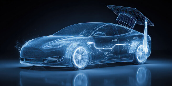 Futuristic electric vehicle is depicted with digital overlay, featuring graduation cap symbolizing education and technology integration. image conveys innovation and learning electric vehicle