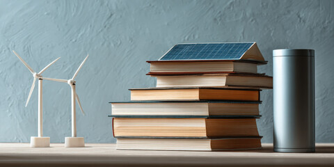 Stack of books with solar panel on top symbolizes renewable energy education, accompanied by wind turbine models and cylindrical battery, representing sustainable energy solutions