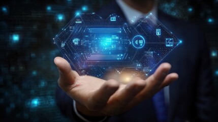 Close-up of a businessman's hand holding a glowing blue digital hologram interface with futuristic technological elements and data visualizations