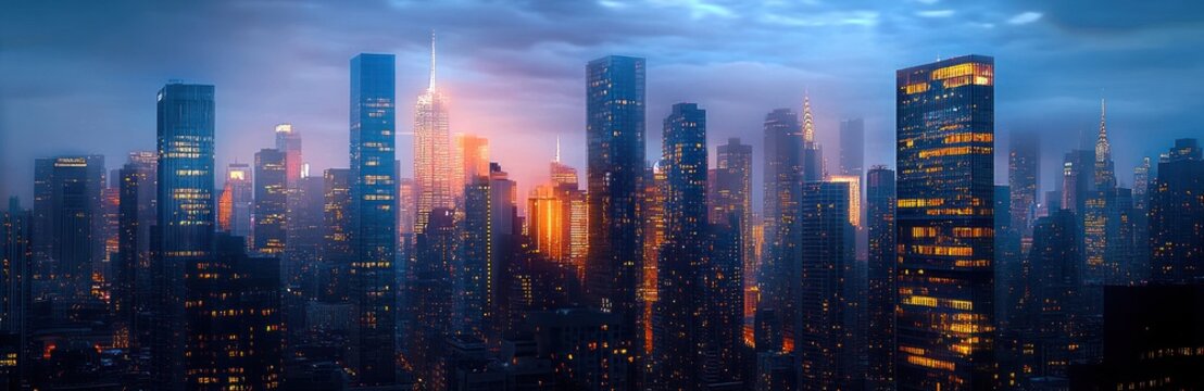 Vibrant city skyline at dusk with illuminated skyscrapers under a cloudy blue sky creating a dramatic and glowing urban atmosphere