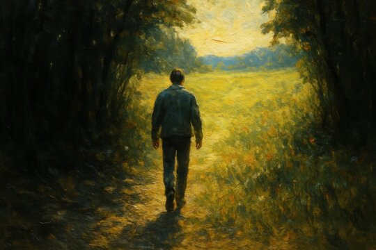 A Lone Man's Path in the Glow of Dawn