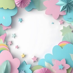 Pastel Paper Flowers and Stars Frame Blank Template for Design