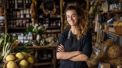 Shopkeeper stands smiling in market. Woman wears apron in grocery store. Organic vegetables and store products around seller. Seller maintains grocery and organizes organic market shelf - Powered by Adobe
