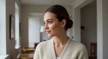 Young woman with hair in a bun looking to the side