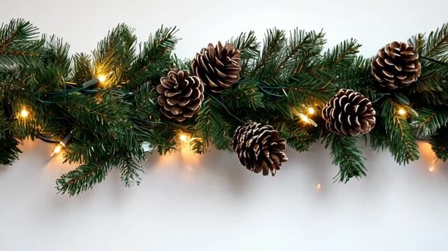 Christmas garland with pine cones and string lights is creating a festive atmosphere on a white background