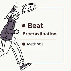 Energetic person with a speech bubble pointing upwards to beat procrastination and find solutions