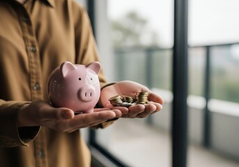 Person holding a pink piggy bank and coins