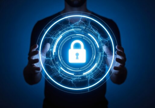 Person holding a glowing digital padlock in a circular interface - Powered by Adobe