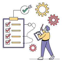 Person checking off tasks on a clipboard connected to gears and a target with a checkmark