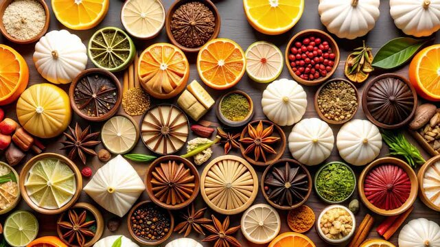 Khinkali, spices and citrus fruits creating a colorful culinary scene.