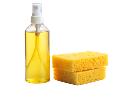 ottle of spray and a yellow sponge on white background PNG.AI Generated.
