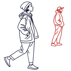 Two stylized figures in profile one walking confidently in a beanie and jacket the other standing