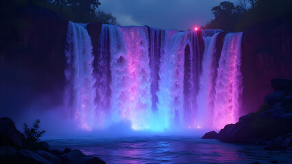 Nighttime Digital Waterfall Illuminated with Vibrant Pink and Blue Light Streams Cascading over Dark Rocks into a Calm Pool Water Fantasy Scene