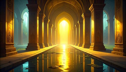 Ancient gothic church corridor with stone arches and columns