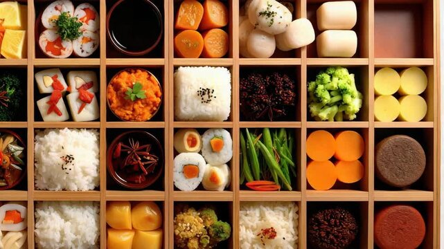 Wooden bento box filled with colorful compartments containing diverse asian food.