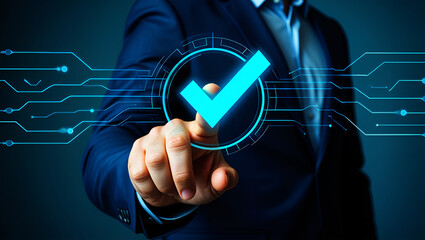 Person touching digital checkmark with glowing circuit lines image