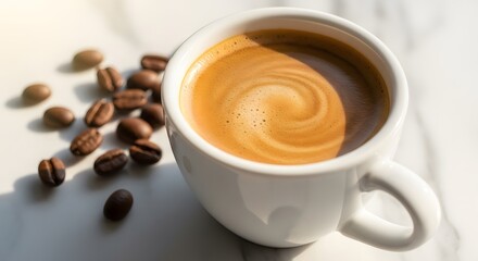 Obraz premium Morning Ritual: Coffee Cup with Beans on Marble Surface (AI Generated)