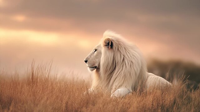 White lion reclines in dry grass, glowing mane lit by pastel sunset sky. Animal blends into wild nature. Predator rests in soft wildlife safari landscape, surrounded by golden grass horizon