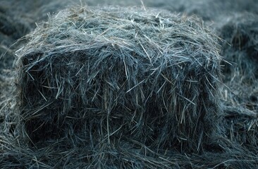 Close-up of rectangular hay bale with rough texture and loose strands in muted natural lighting