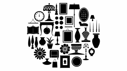 Collection of various home decor items including lamps vases and picture frames in black and white style |  editable eps vectors silhouette