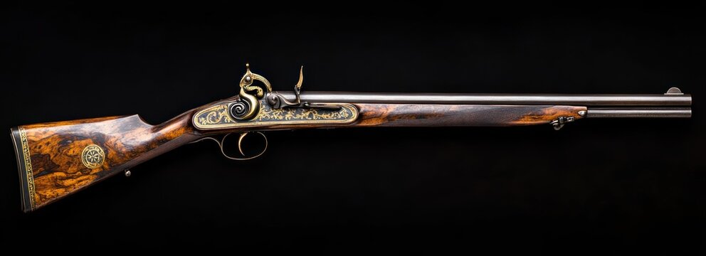ornate antique flintlock rifle with decorative wood stock and intricate gold inlay detailing on black background