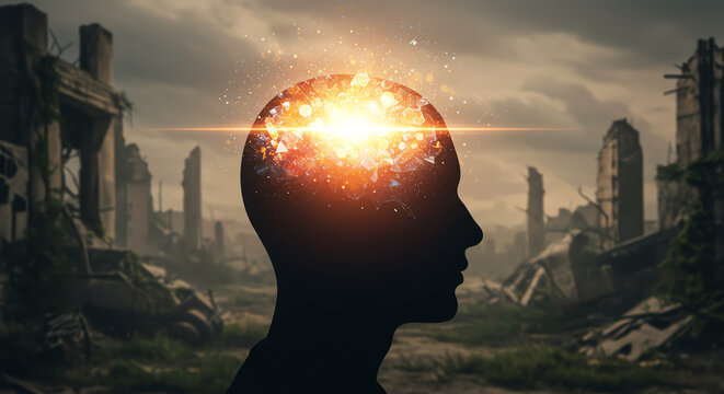 A Luminous Mind Exploding with Cosmic Energy Amidst a Desolate Ruined Cityscape.
