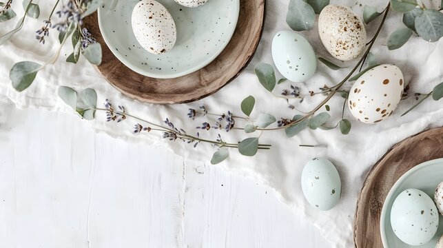 Elegant Easter Table Setting with Pastel Eggs and Greenery Centerpiece on Neutral Linen perfect for spring holiday promotions, seasonal recipe blog, event planning template and festive branding visual