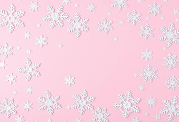 Delicate white glitter snowflakes scattered on pastel pink background, creating a festive winter pattern,  crystal,  shimmer