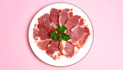 Fresh pork chops on a white plate with parsley garnish against a pink backdrop