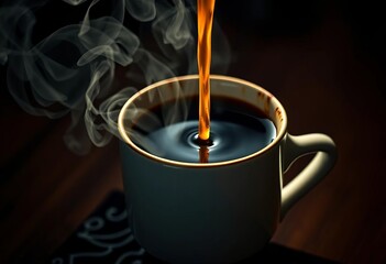 Dark, rich coffee cascading into a warm mug, steam rising, start, percolator