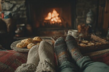 two pairs of feet in warm wool socks resting on tartan blanket by glowing fireplace with basket of cookies and floral teacups, cozy festive atmosphere, concept of christmas bakery
