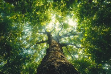 Obraz premium Majestic tall tree with wide canopy bathed in sunlight seen from ground upward perspective in lush green forest