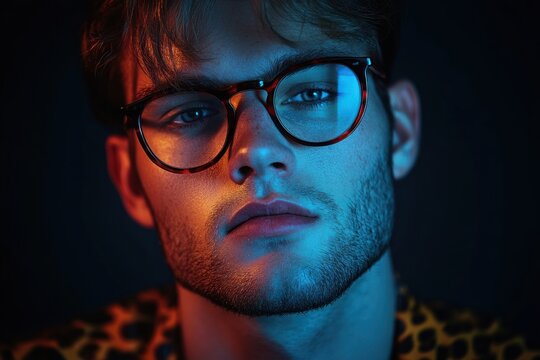 Close-up portrait of a thoughtful young man with glasses illuminated by contrasting blue and orange lighting against a dark background