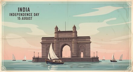 Obraz premium Vintage India Independence Day Illustration: Gateway of India, Sailboats, Sky.